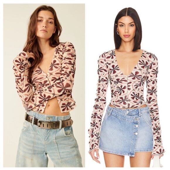 Free People Through the Meadow Top White Sand Floral Mesh Y2K Retro Womens Large - Picture 1 of 5